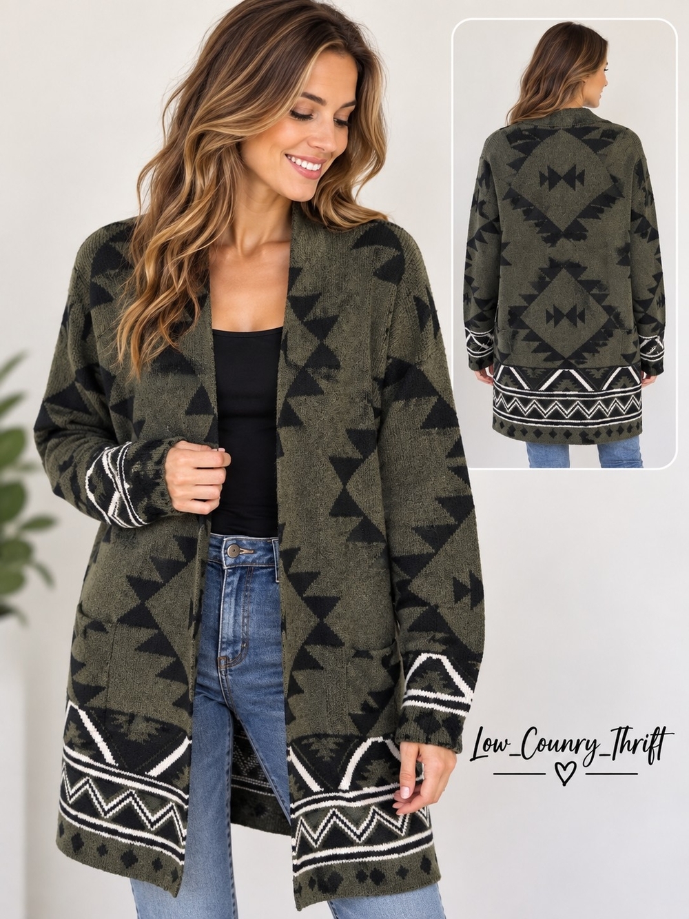 Frye The Cozy Cardigan Women's L Olive Green Black Aztec Geometric Knit